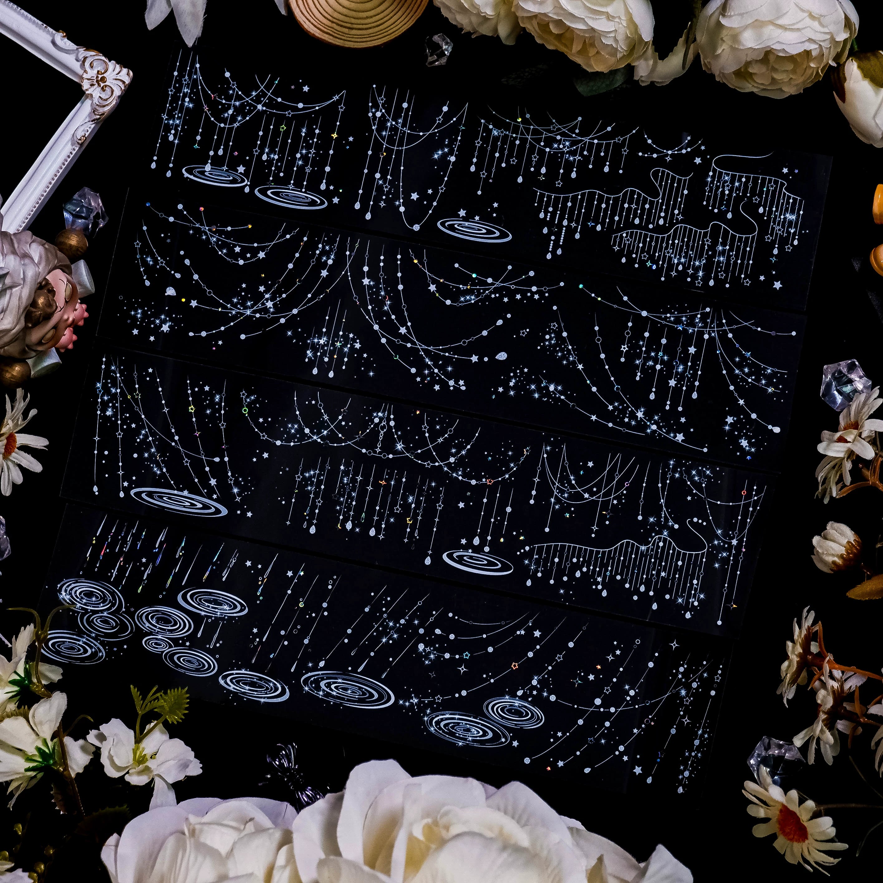 Rainfall Starlight silver foil PET tape roll with starry galaxy patterns