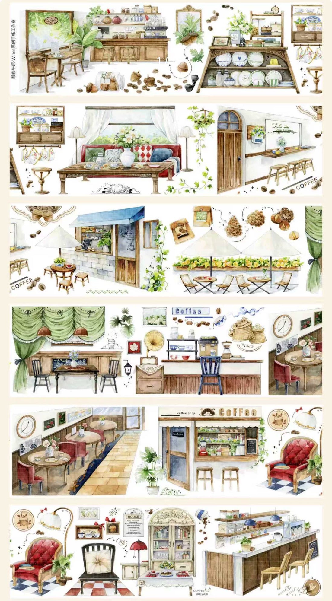 Cozy coffee shop PET tape with café interiors, counters, tables, plants, and coffee details