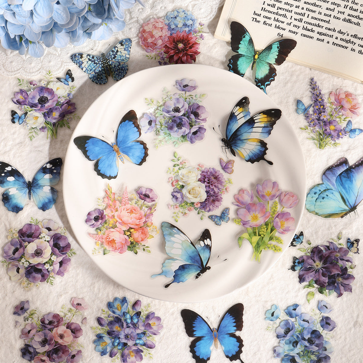 Blue butterfly and flower PET stickers arranged around a white plate