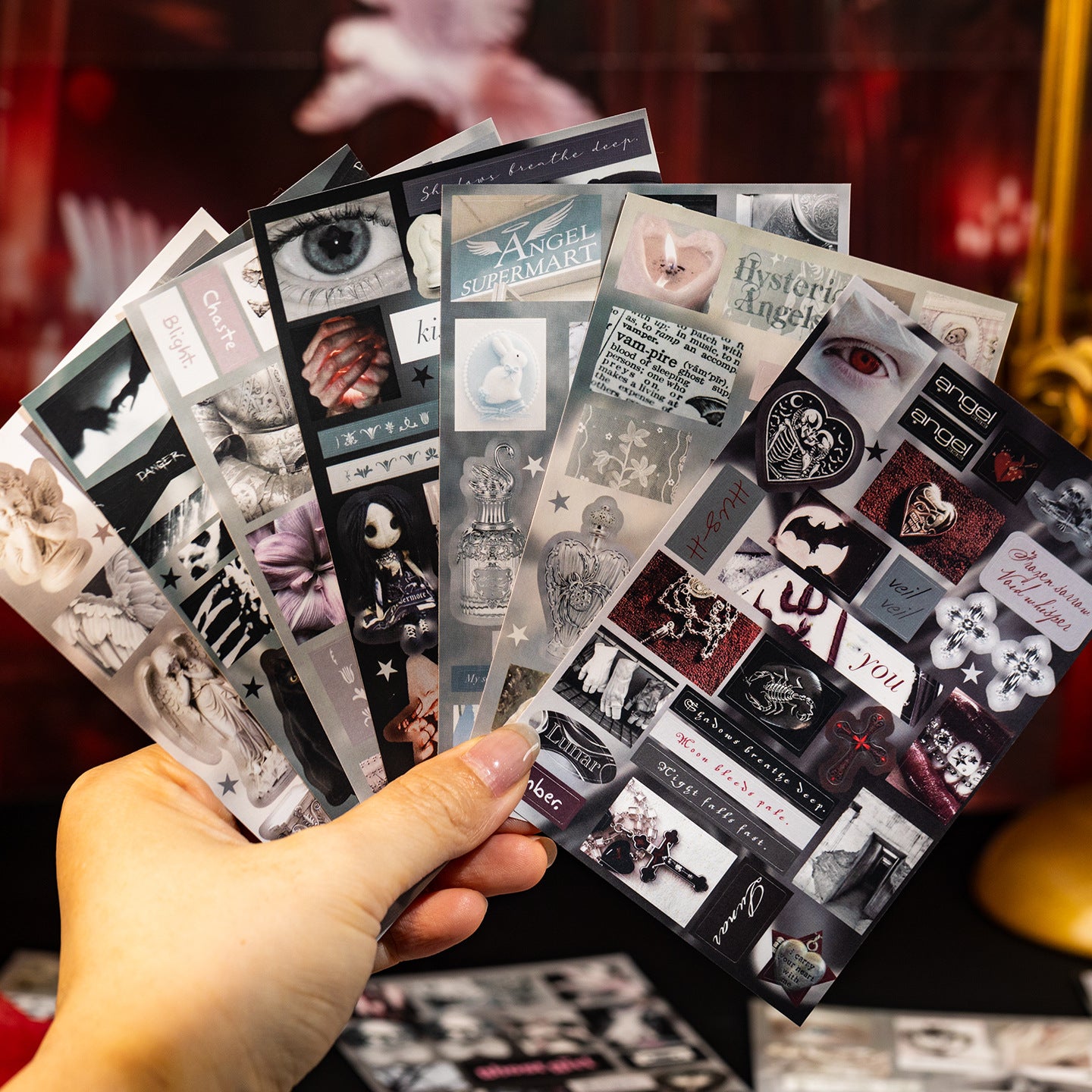 Occult Night gothic PET sticker book with crosses, angels, butterflies, ornate frames, and dark red accents - image 3