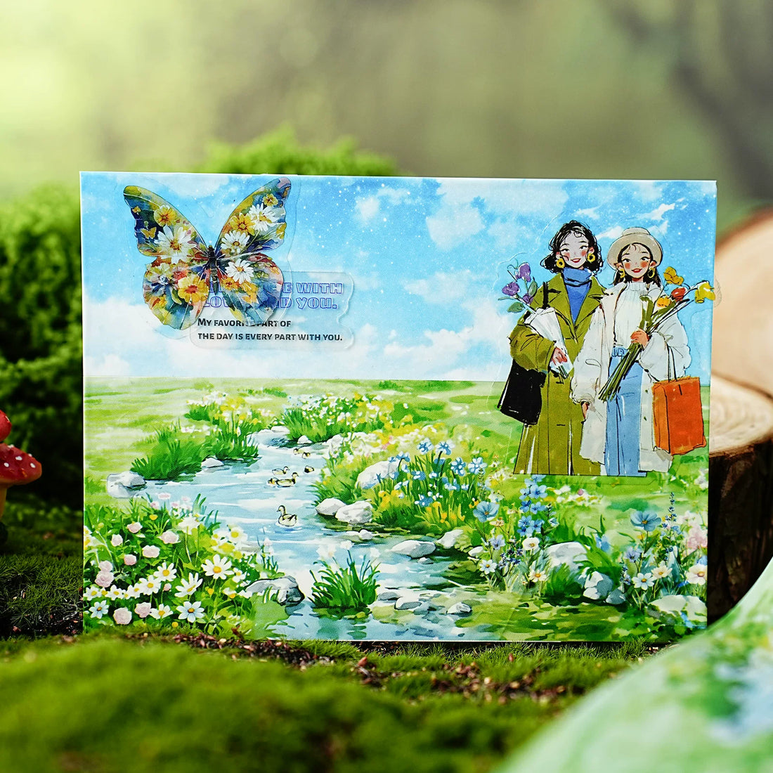 Among the Greenery PET tape rolls – watercolor garden meadow scenes, 60mm wide