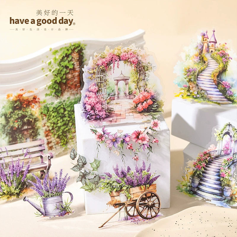 Vintage Garden Stairs & Street Lamp Stickers - Retro Pathway Scenery | Waterproof Journal Scene Building Pack