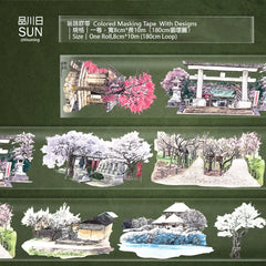 Delicate cherry blossoms and serene Japanese temple gates adorn this elegant Jade Blossom & Branch PET Tape for crafting.