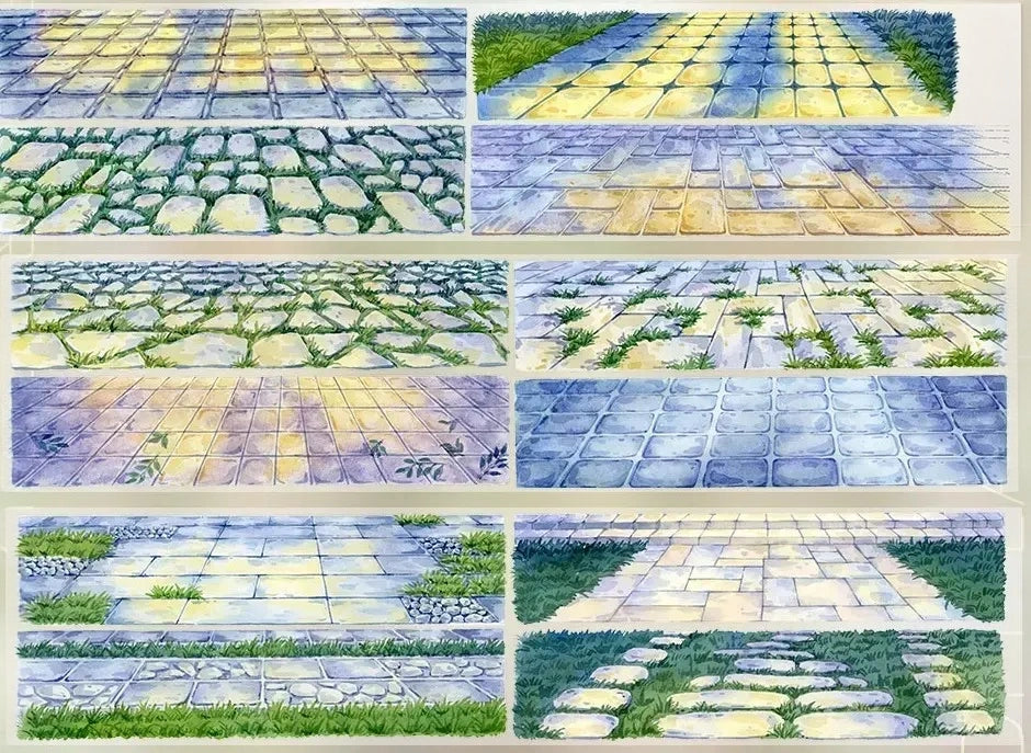 Night Stone Walkway PET Tape with brick pavement, mossy paths, and moonlit stone walkway panels