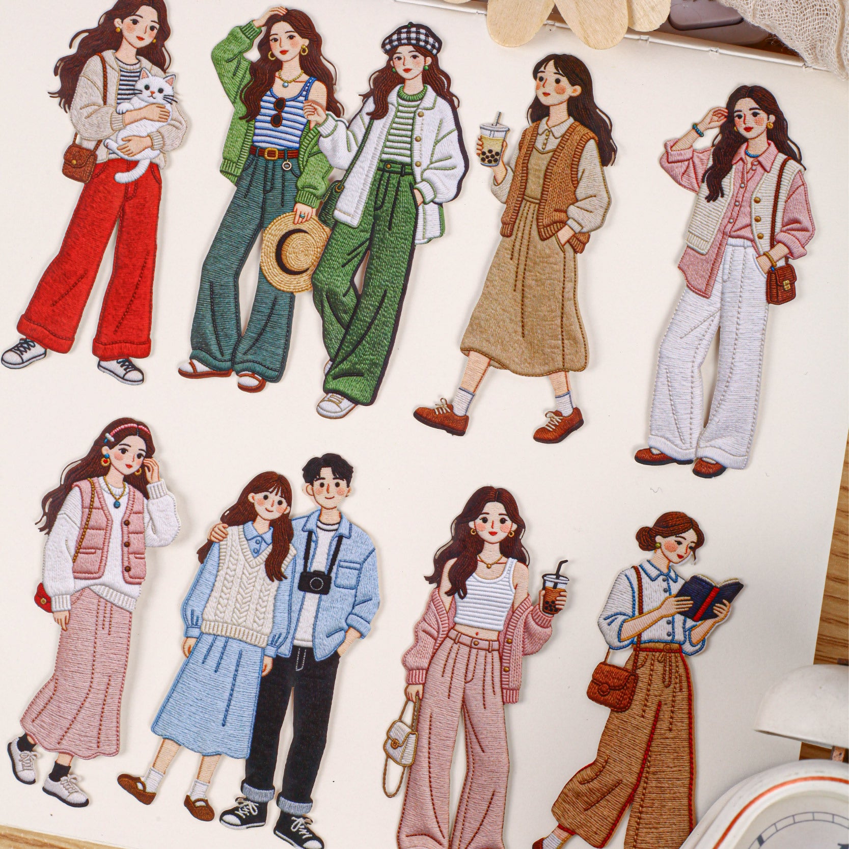 Retro character card sticker pack with textured girls, cameras, hats, beach scenes, and slow-life travel details