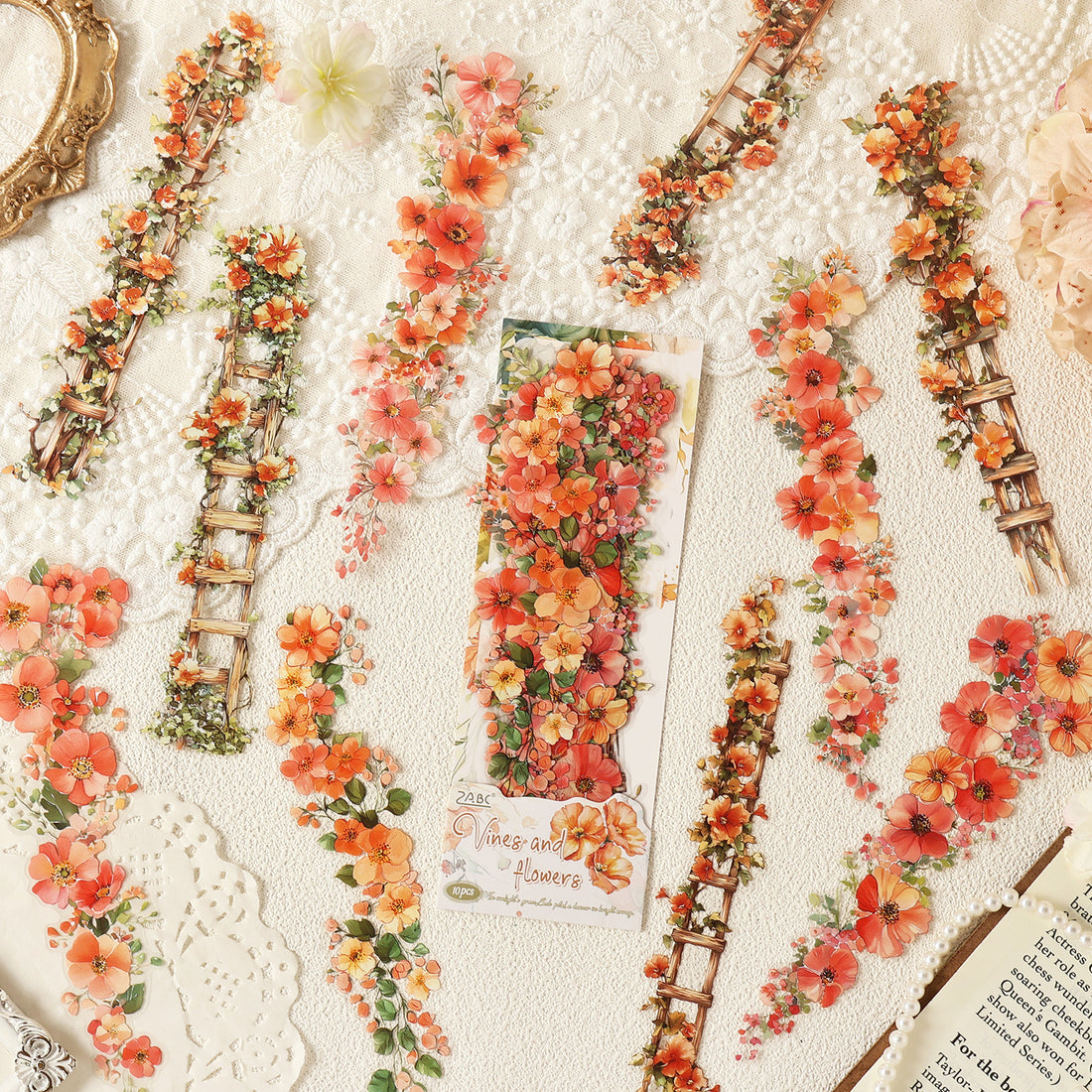 Vines and Flowers climbing vine sticker strips in red rose, orange, green, pink and blue colorways