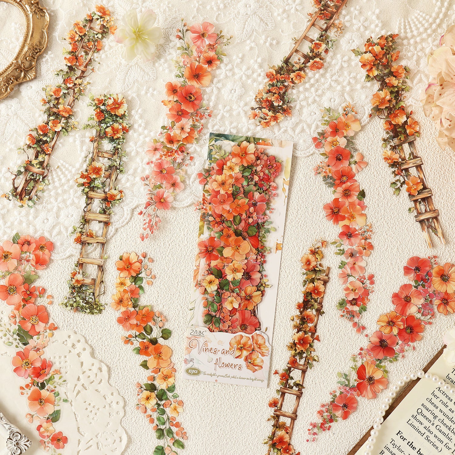 Vines and Flowers climbing vine sticker strips in red rose, orange, green, pink and blue colorways