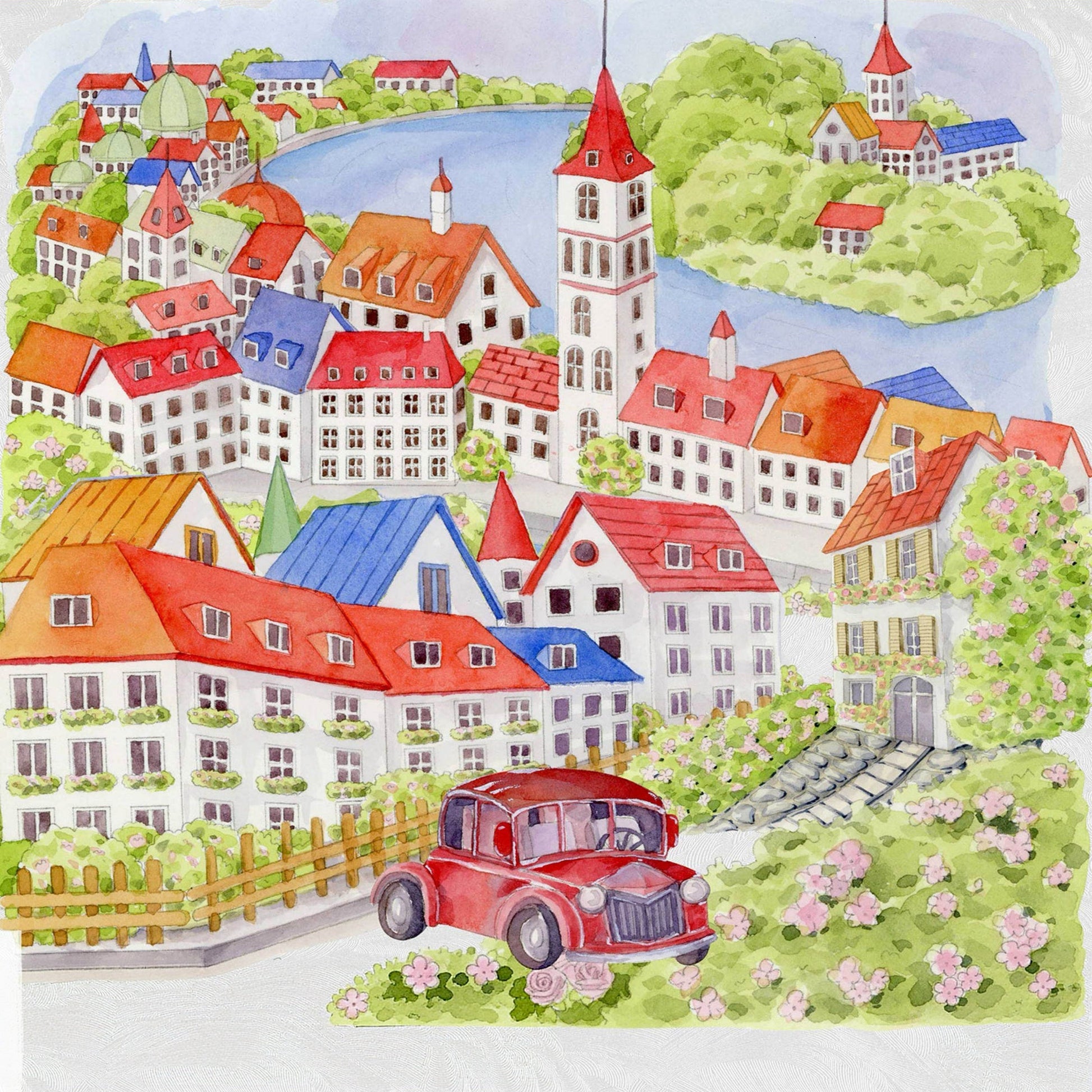 Fairytale Town PET tape with a colorful lakeside village and red car