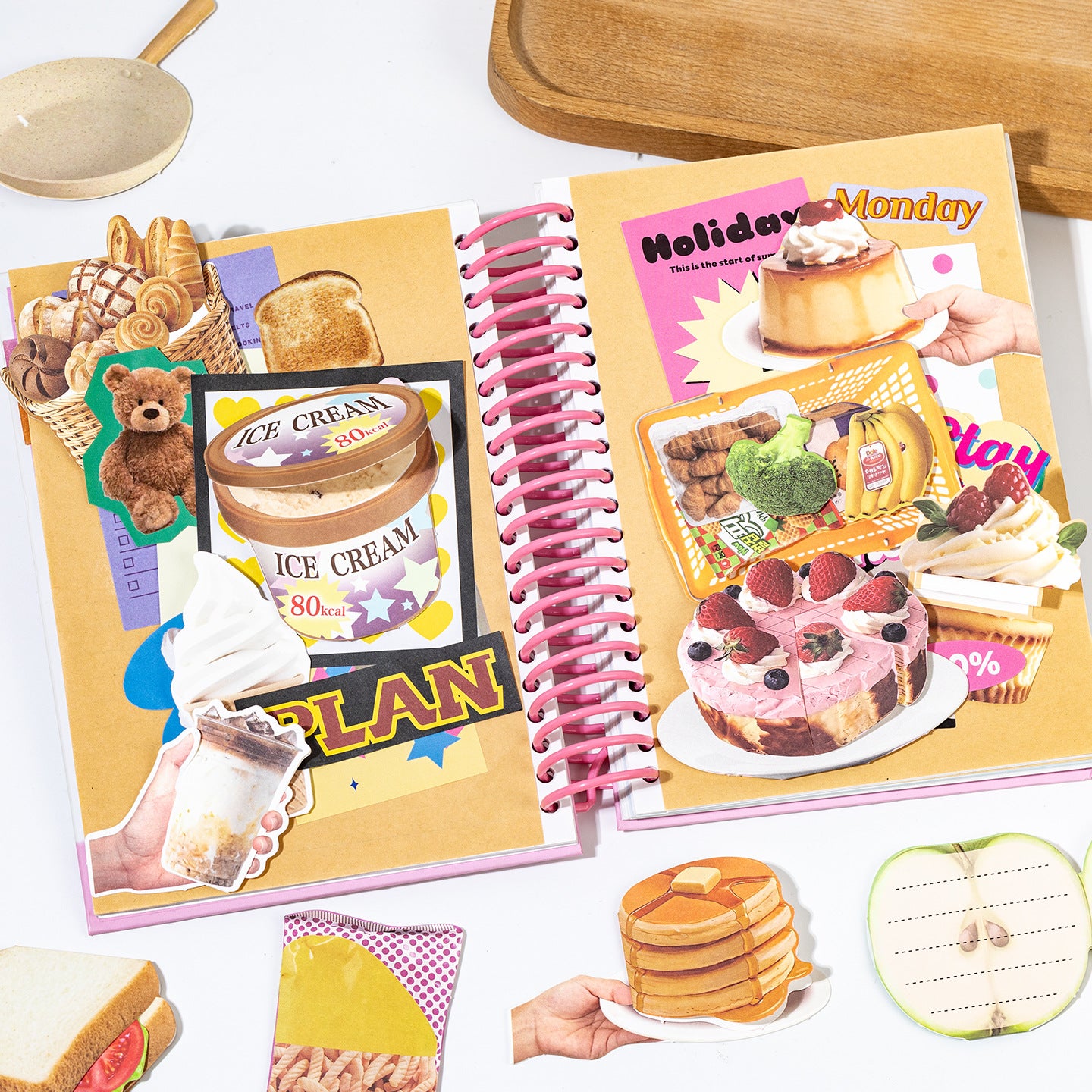 Fragments scrapbook kit with no-cut food pieces, daily notes, photo layouts, memory book cards, and handmade paper scenes