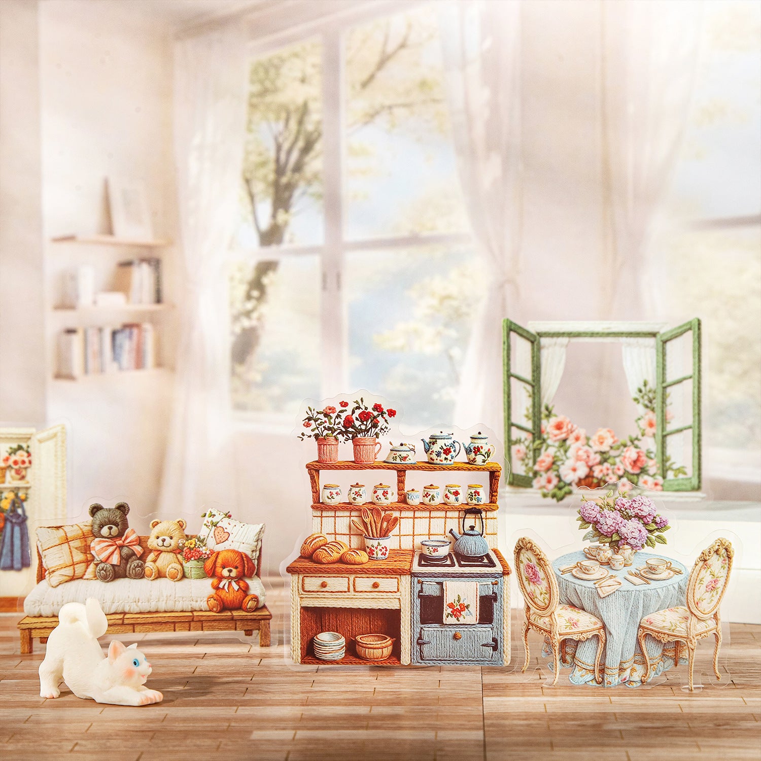 Cozy home sticker scene with sofa, flowers, window, shelves, and soft morning light