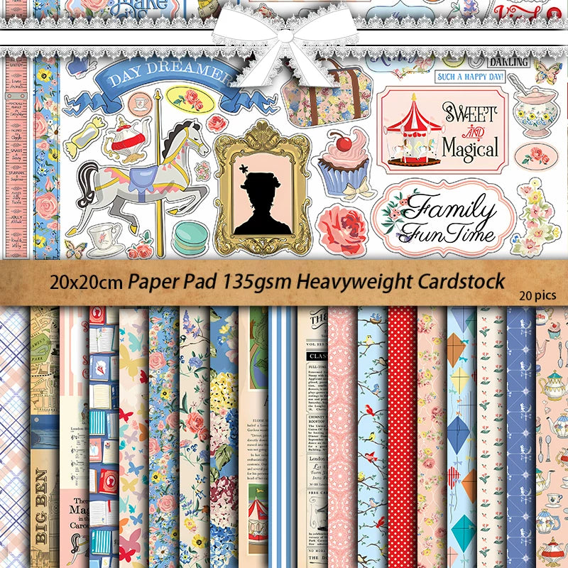 Vintage Garden Scrapbook Sticker Paper - 20 Sheets 20x20cm Foldable Decorative Stickers