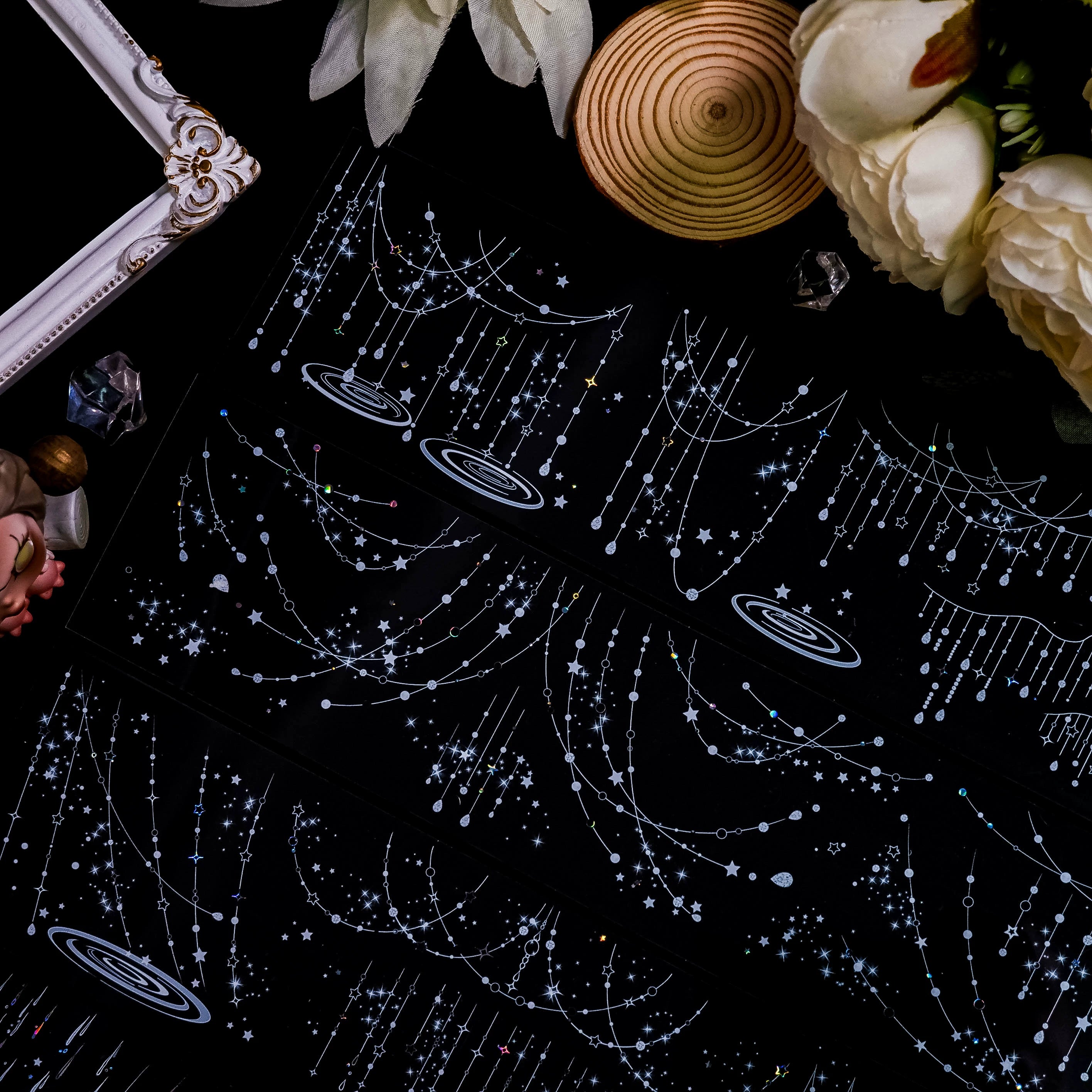 Rainfall Starlight silver foil PET tape roll with starry galaxy patterns