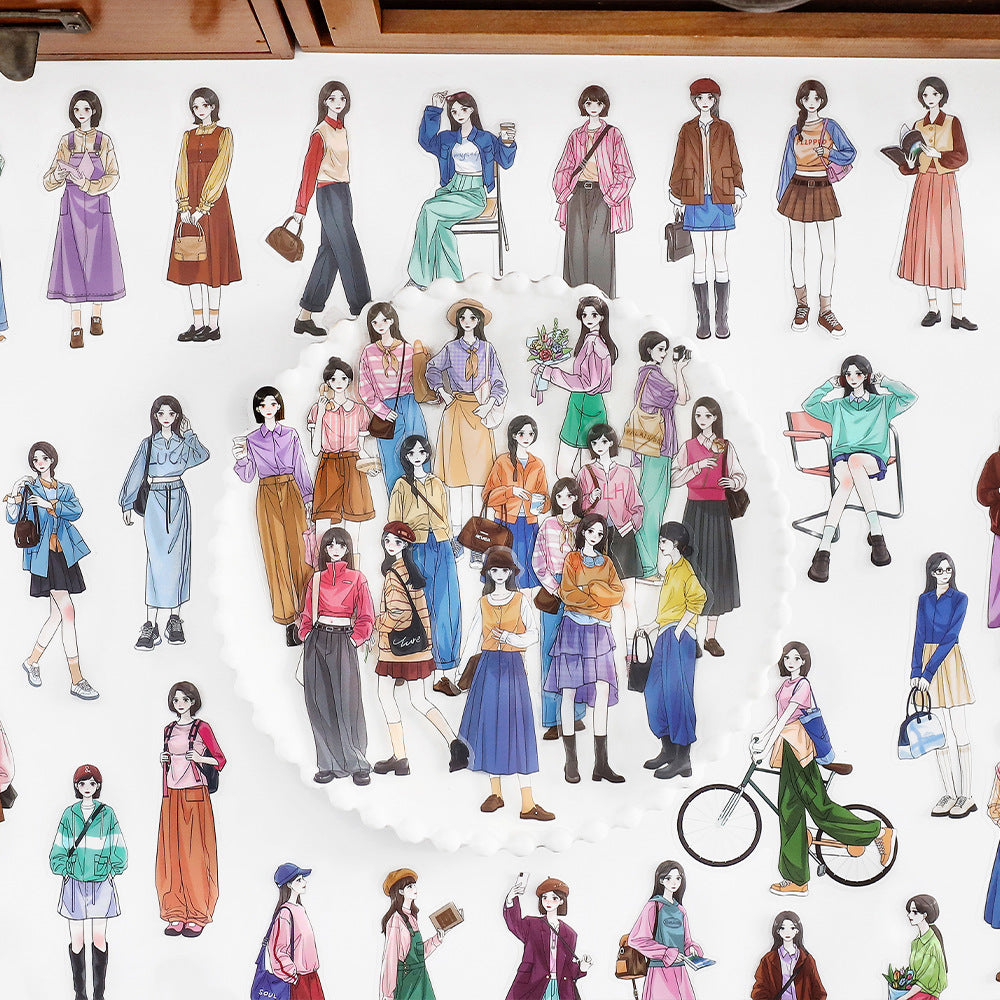Ideal Life PET character stickers with standing girls, colorful outfits, and bicycle detail
