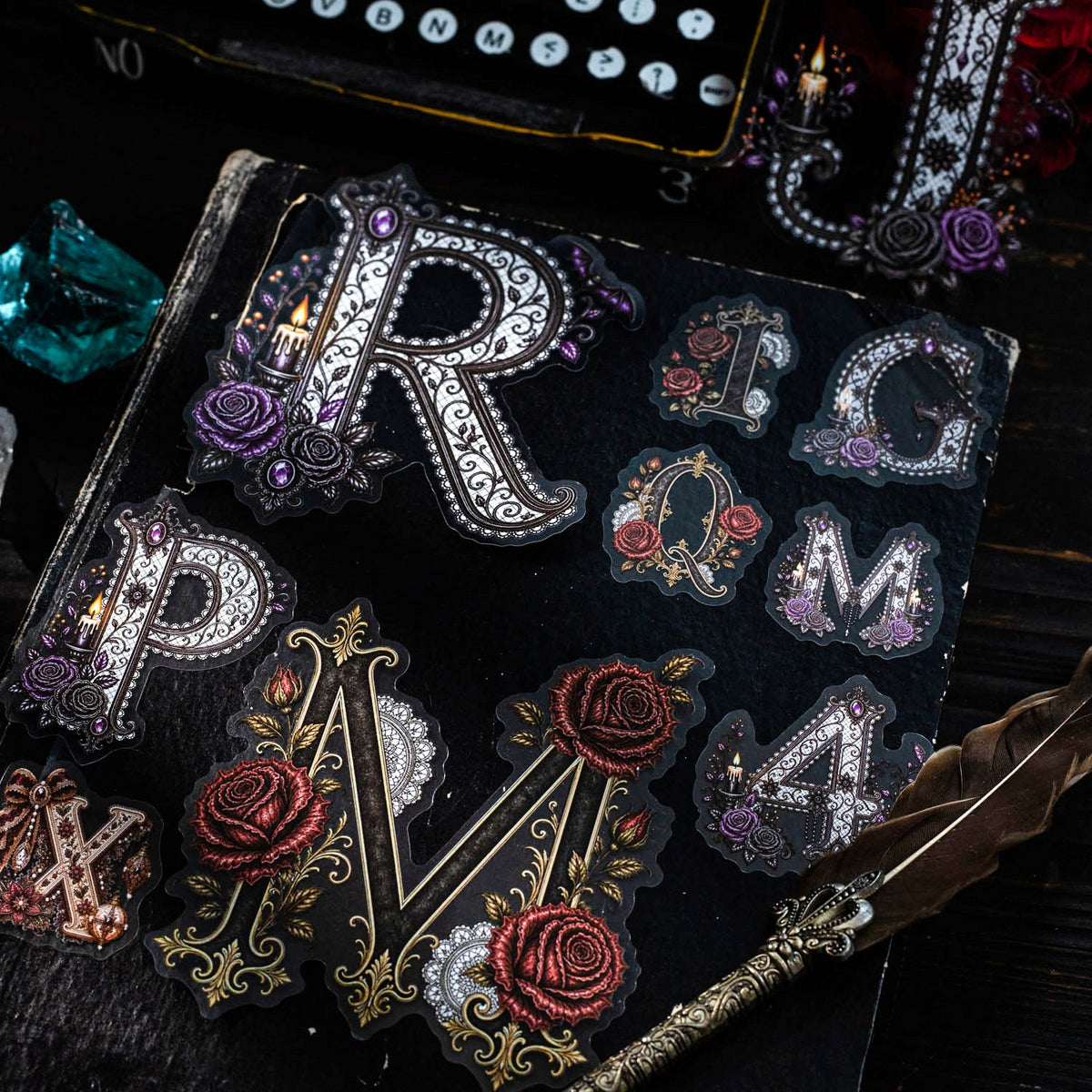 Silver and jeweled gothic alphabet stickers with red roses
