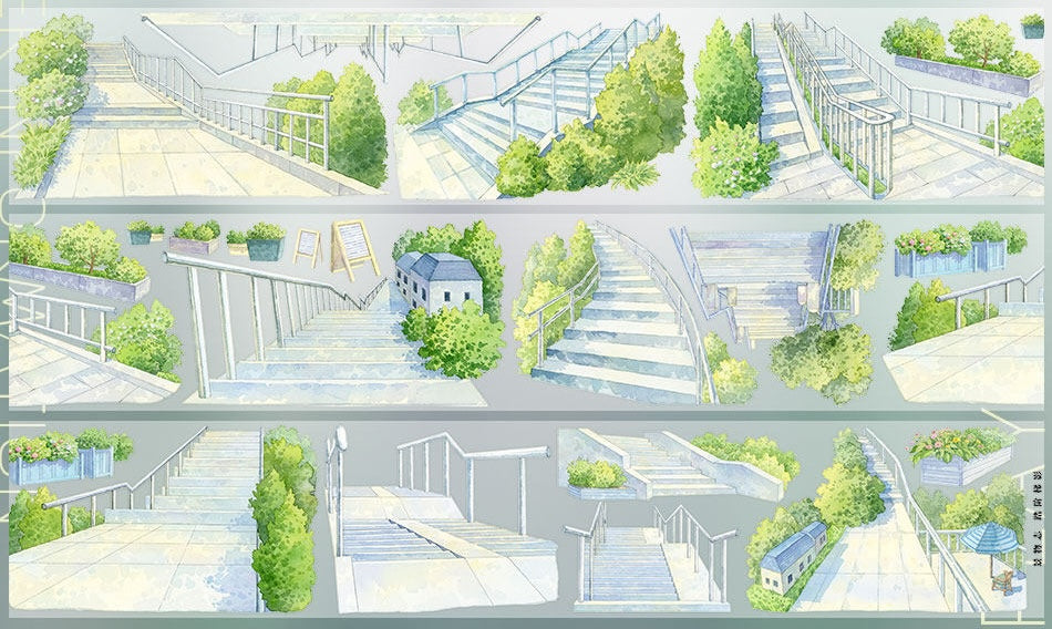 Sunlit stairway PET tape with watercolor stairs, railings, paved platforms, planters, and green city landscaping