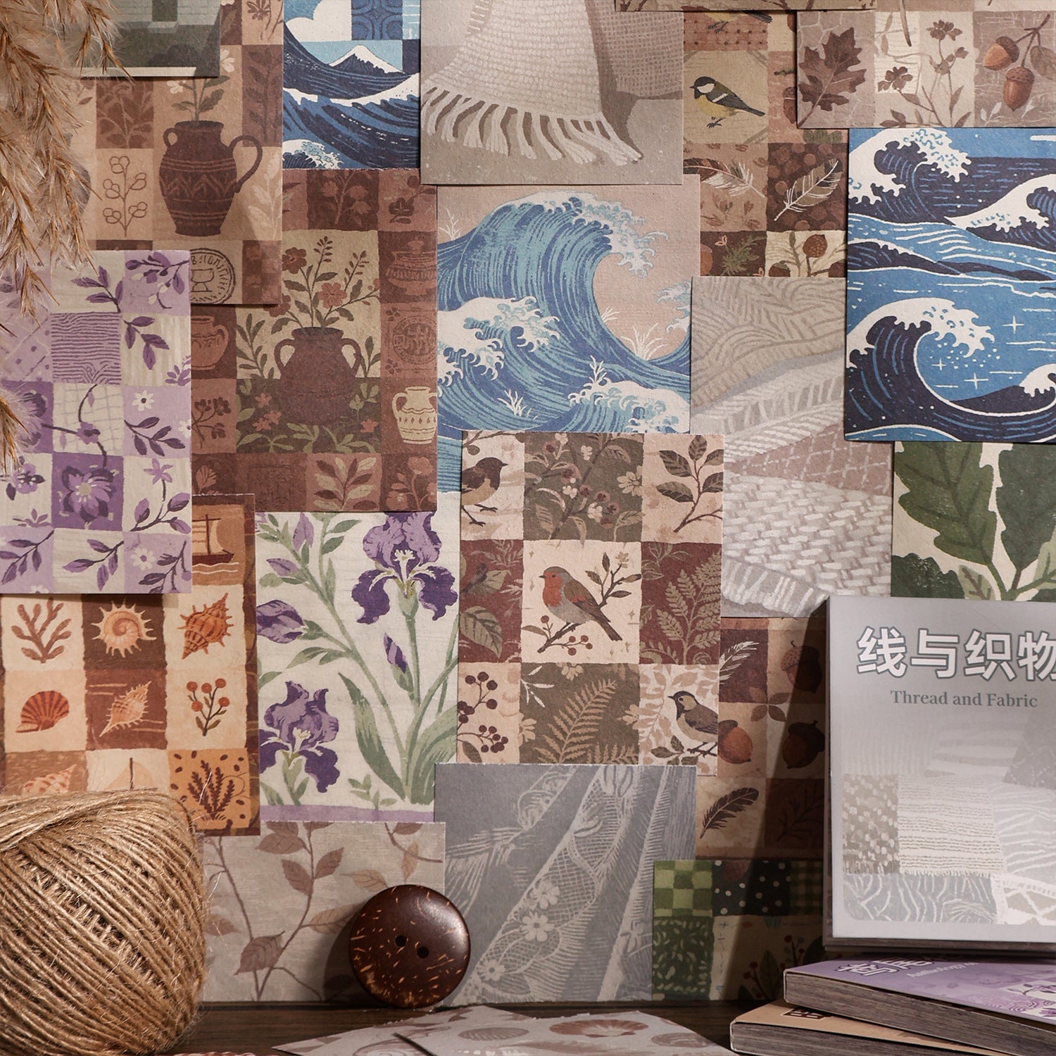 Vintage scrapbooking paper pad with botanical, fabric, ocean, pottery, and shell collage papers - image 2