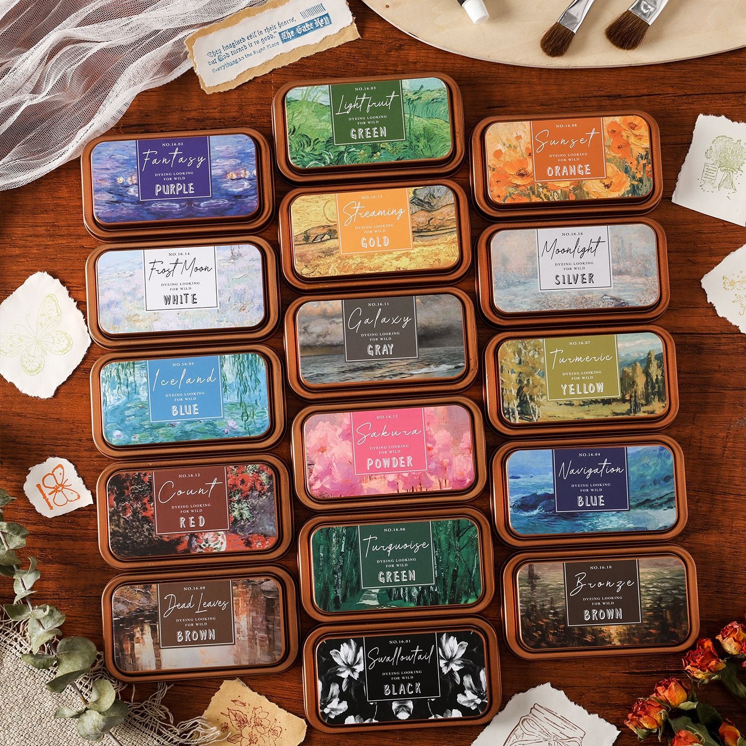 Nature palette cotton ink pad tins with metal cases, rich stamping colors, and vintage label artwork