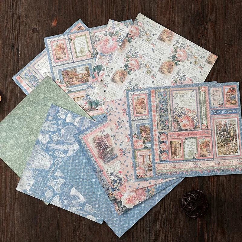 Vintage cottage garden scrapbooking paper with floral patterns and decorative labels