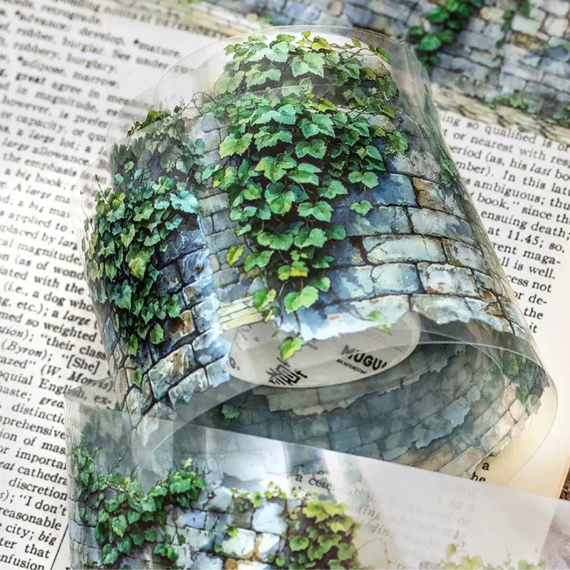 緑の草花のウォールマスキングテープ - ビンテージ風テクスチャ シーン作成 | PETジャーナル背景装飾ロール