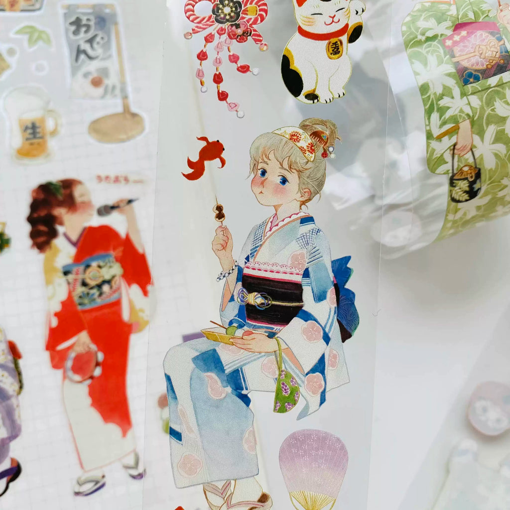 Japanese festival PET tape with girl in light blue kimono, red fish ornament, maneki-neko cat