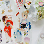 Japanese festival PET tape with girl in light blue kimono, red fish ornament, maneki-neko cat