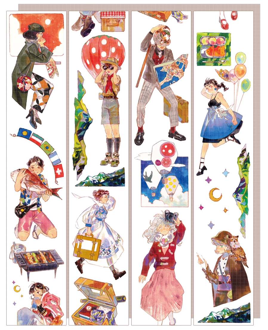 Vintage Character Tape adventurer strips — explorer with international flags, traveler with map and suitcase, whimsical figure with giant mushroom lamp