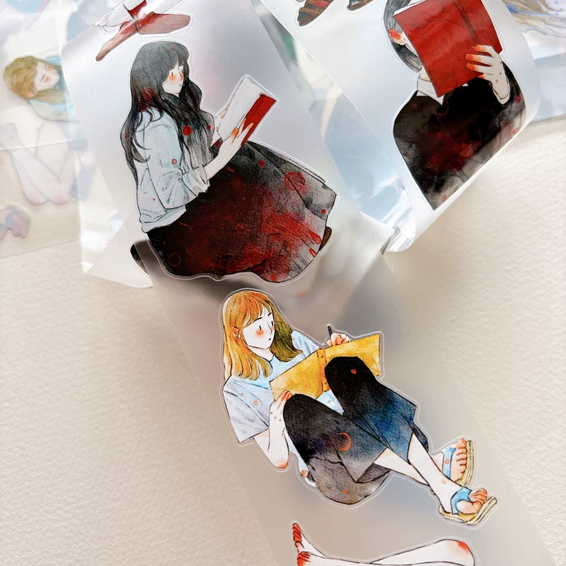 Detail of watercolor girls reading books illustrations on tape