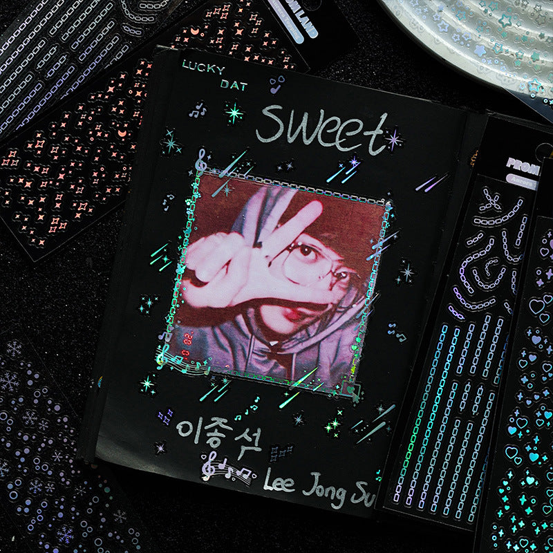PROM LAND aurora holographic laser sticker sheet – iridescent shimmer on dark background, 12pcs