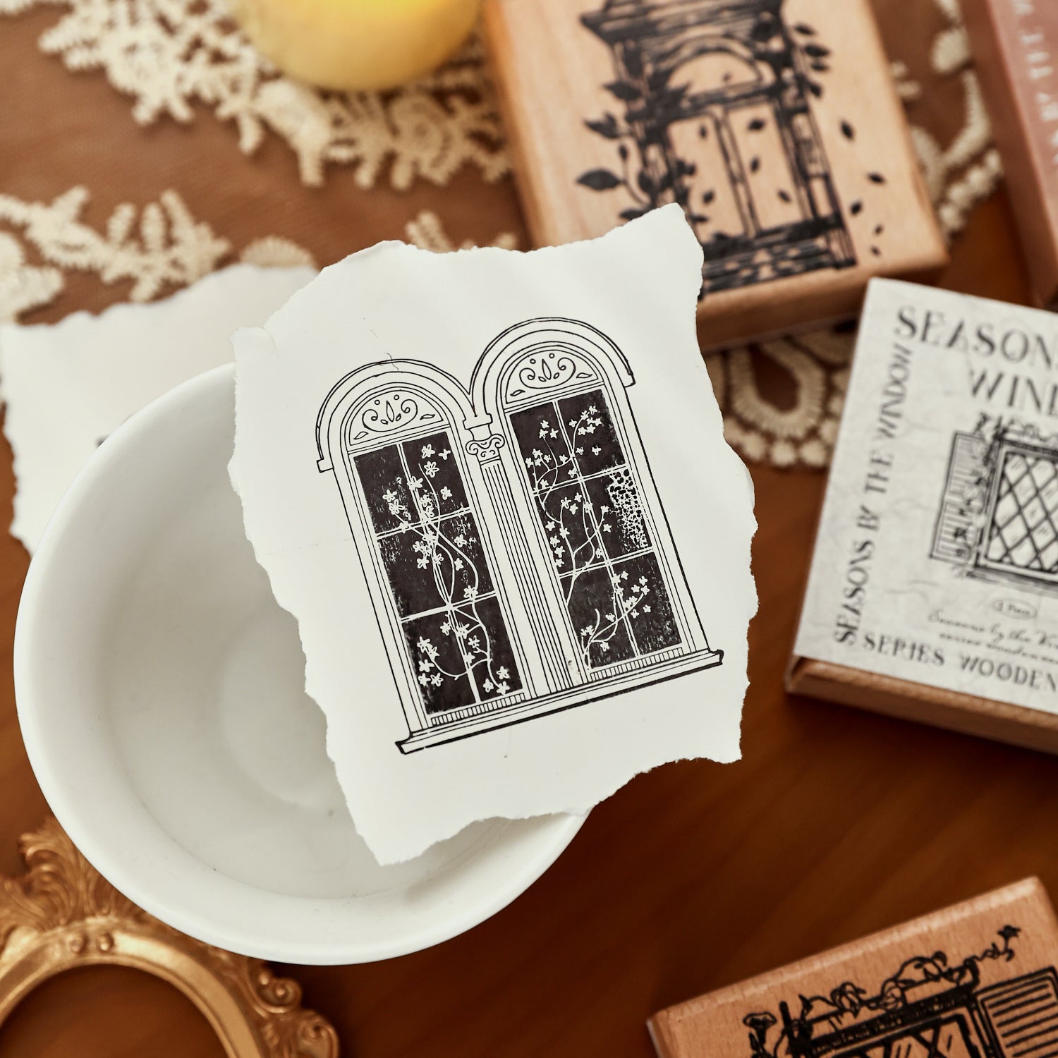 Wooden stamp set with seasonal window frame designs