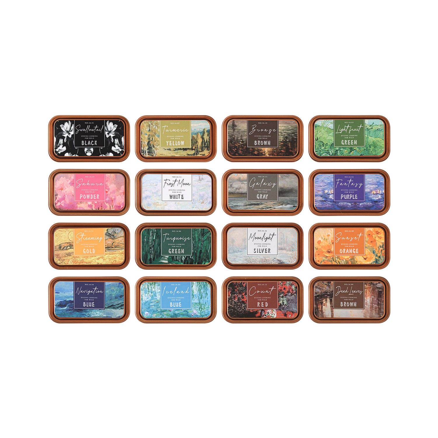 Nature palette cotton ink pad tins with metal cases, rich stamping colors, and vintage label artwork