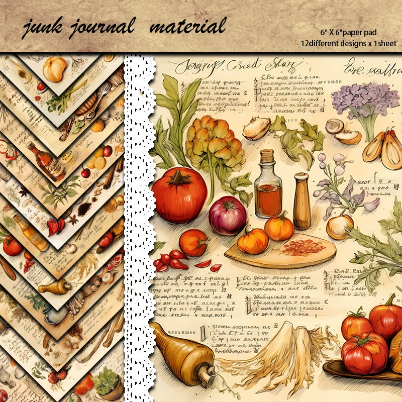 Vintage Food Paper Pad - 12 Sheets Retro Vegetables Fruits Scrapbook Decorative Paper