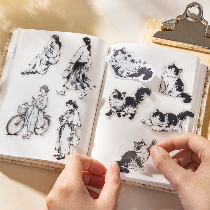 Minimalist ink-wash floral sticker design in soft monochrome tones