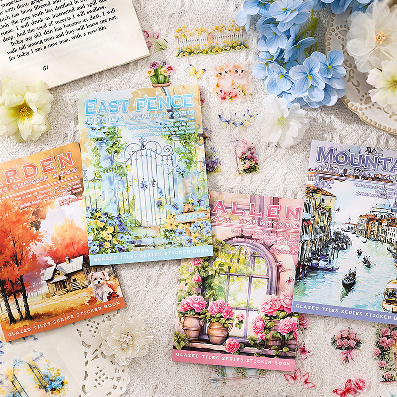 Glazed Tiles Series sticker book – watercolor garden and East Asian architecture scenes
