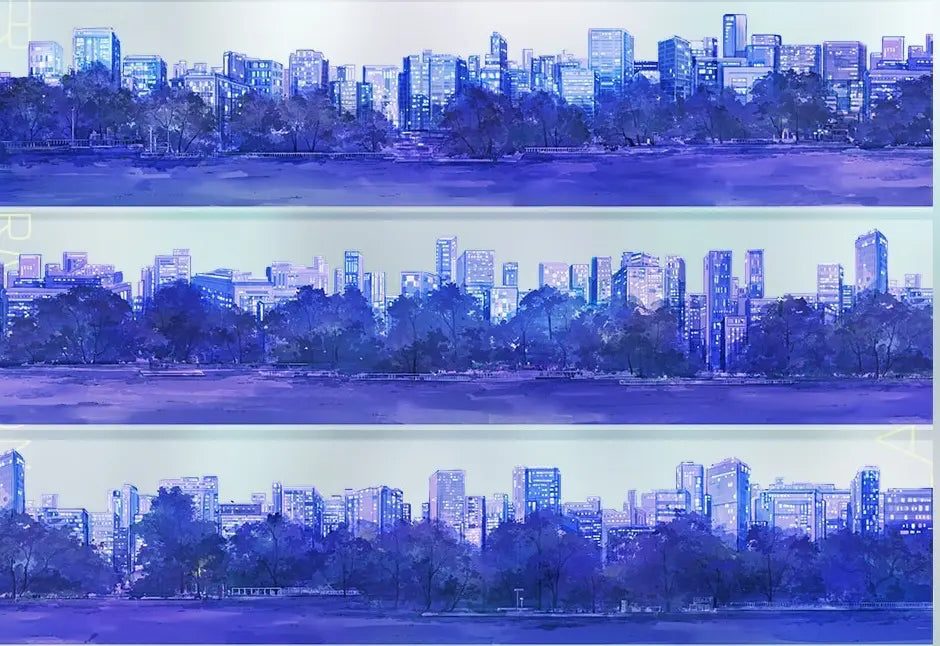 High-Rise Skyline PET Tape layout showing night blue skyline panels with high-rise buildings
