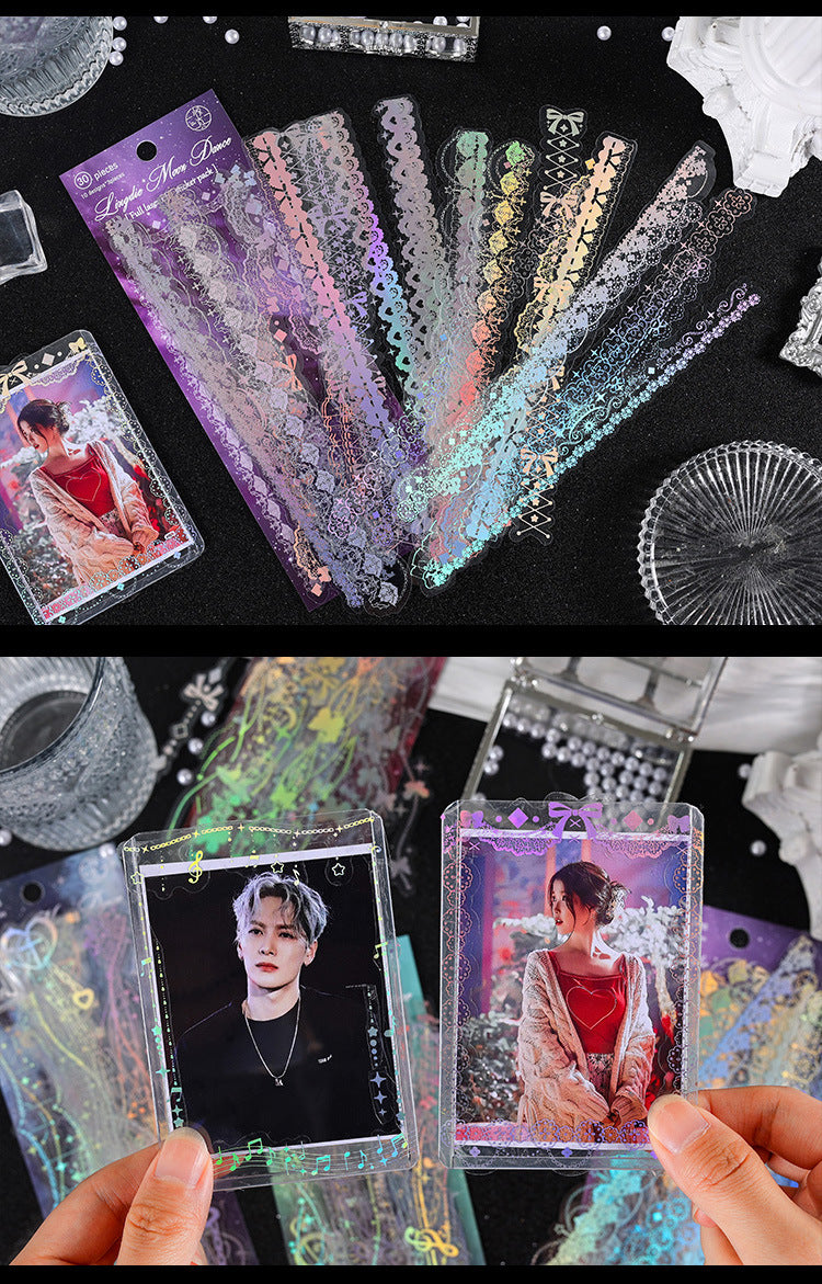 Dark holographic lace border sticker strips with color-shifting glow effect for night aesthetic journaling