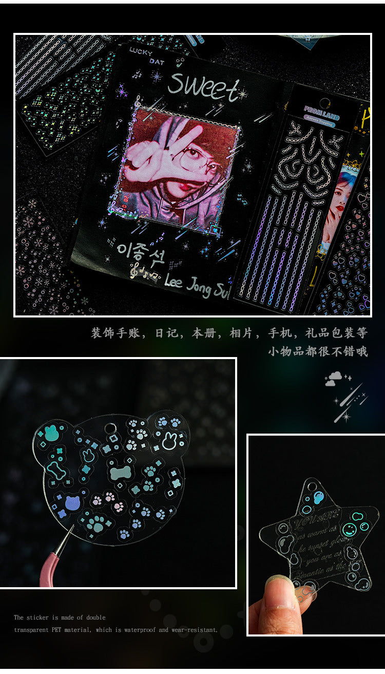PROM LAND aurora holographic laser sticker sheet – iridescent shimmer on dark background, 12pcs