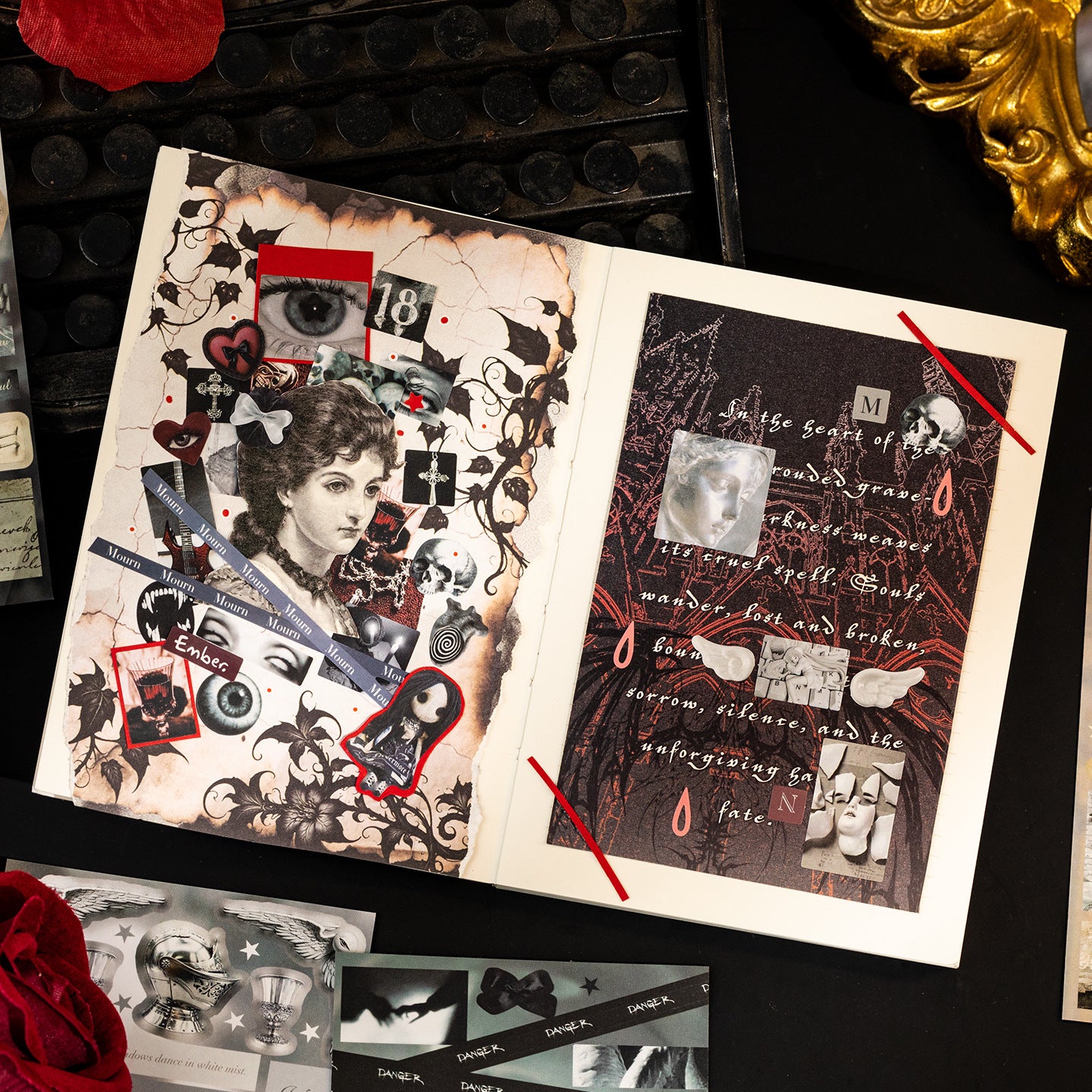 Occult Night gothic PET sticker book with crosses, angels, butterflies, ornate frames, and dark red accents - image 4