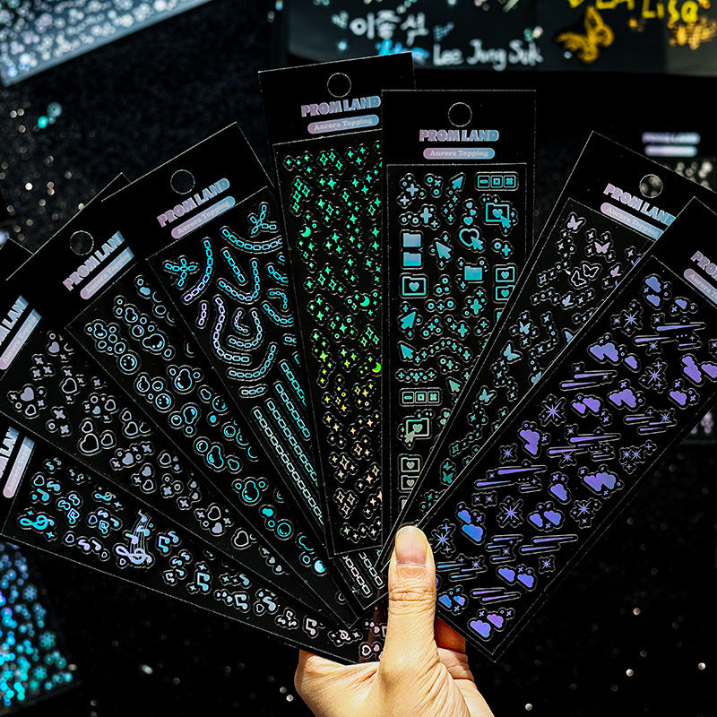 PROM LAND aurora holographic laser sticker sheet – iridescent shimmer on dark background, 12pcs