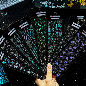 PROM LAND aurora holographic laser sticker sheet – iridescent shimmer on dark background, 12pcs