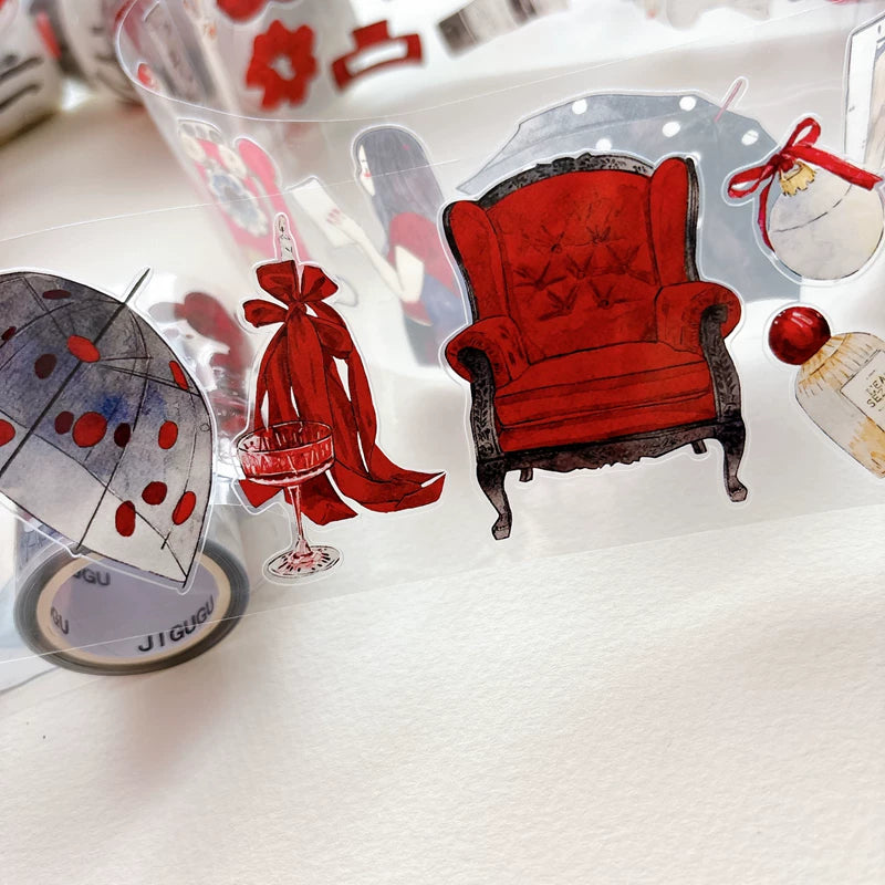 Tape roll and strips featuring red-themed girls and keepsakes