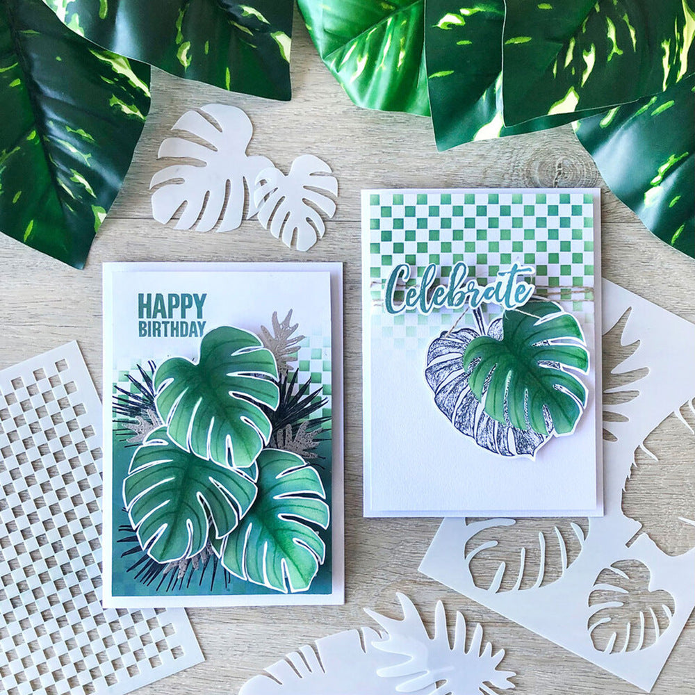Monstera PET stencil template with leaf cutout pattern