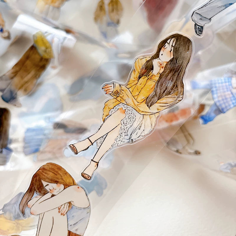 Detail of watercolor autumn fashion girls illustrations on tape
