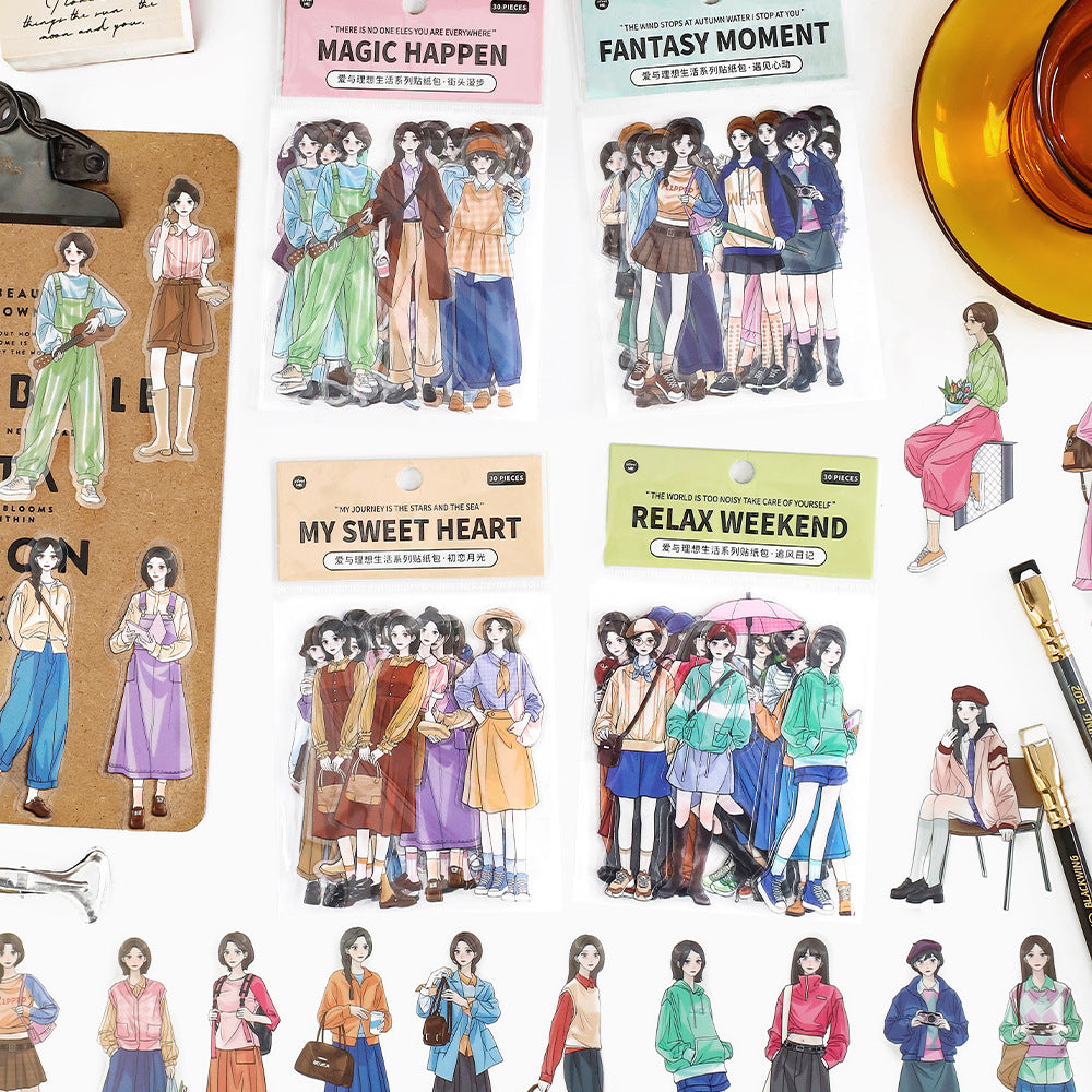 Ideal Life Character PET Sticker Pack with modern girl figures, friend groups, and weekend label pieces