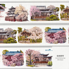 Delicate pink cherry blossoms, red torii gates, and serene Japanese temple designs adorn this elegant PET tape for crafting.