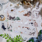Hand-painted courtyard cats PET cut-out tape stickers with chains and teapot, Shroomi