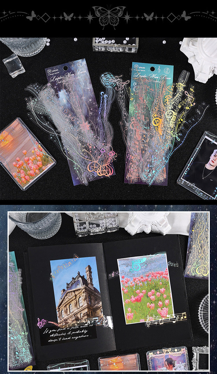 Dark holographic lace border sticker strips with color-shifting glow effect for night aesthetic journaling