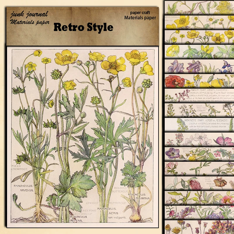 British Wildflower Botanical Junk Journal Paper - 20 Pieces Vintage Plant Background Paper for Scrapbooking
