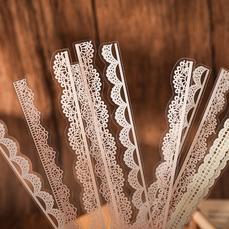 Delicate lace trim sticker strips in white, cream, purple and pink for journaling borders