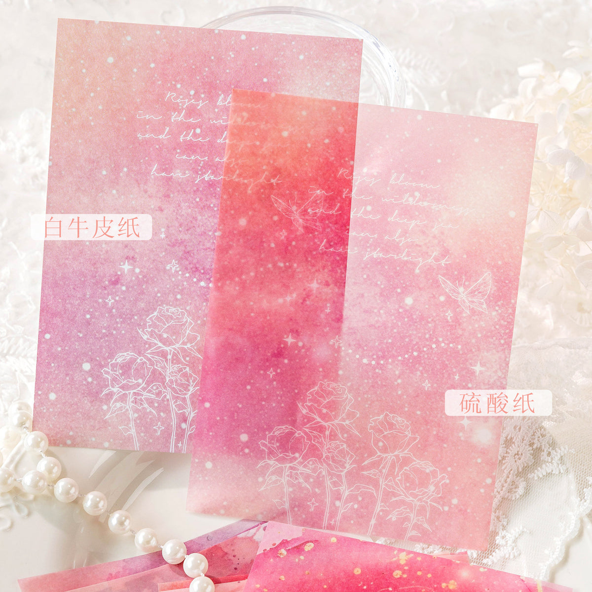 Watercolor wash scrapbooking paper with die-cut lace floral border detail