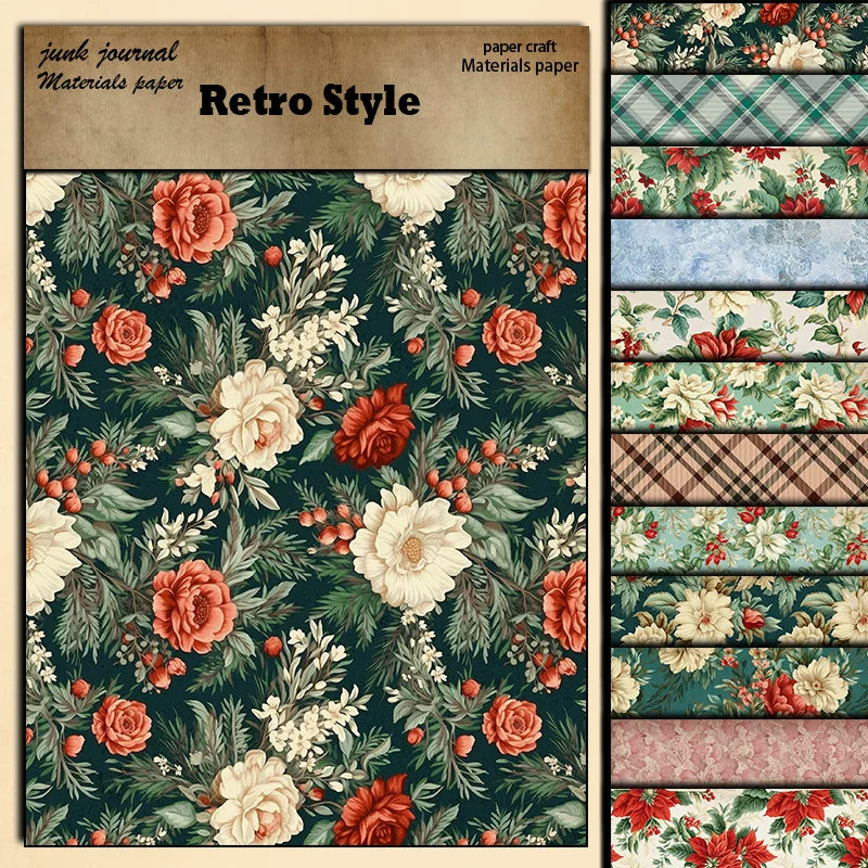 Vintage Botanical Floral Grid Paper Pad - 12 Sheets Scrapbook Background Paper for Junk Journal